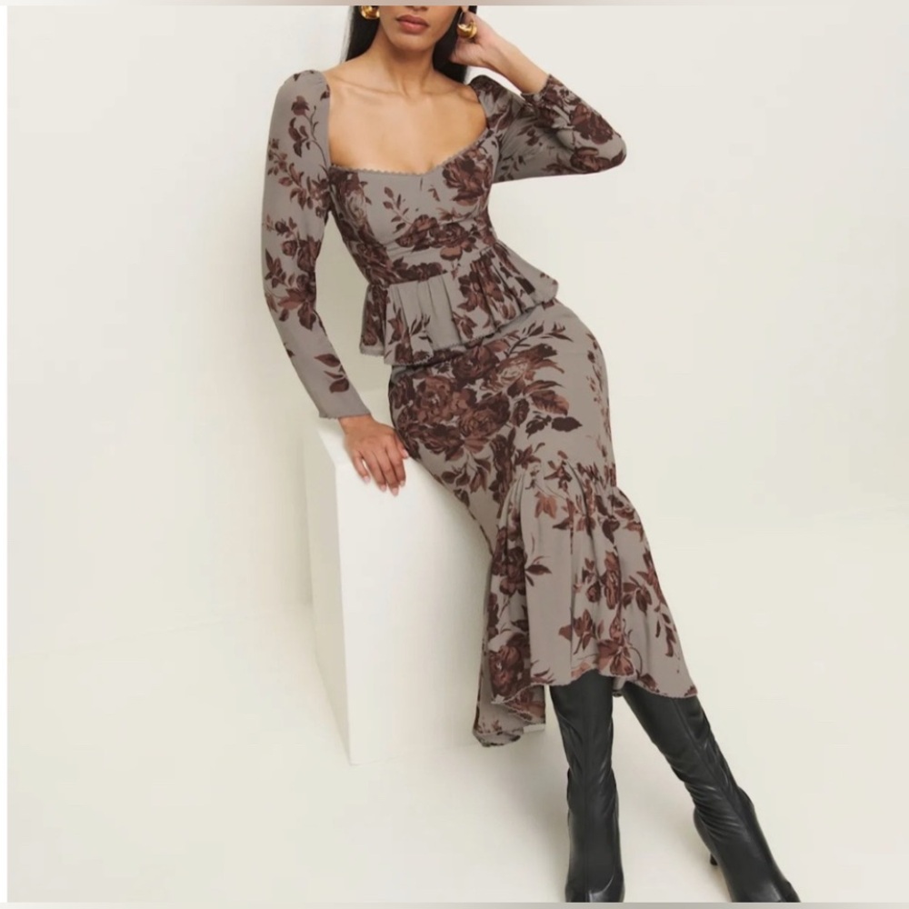 Reformation Brown Floral Long Sleeve Dress - size:4-worn once for a podcast